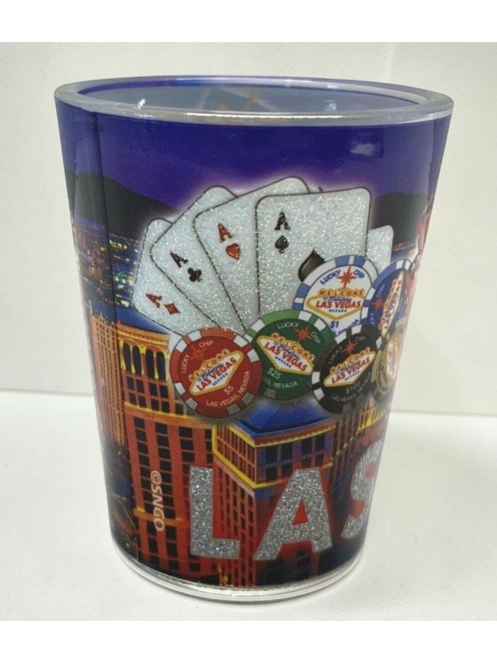 Las Vegas Shot Glass Gambling Strip Night Cityscape Glitter Accents Souvenir